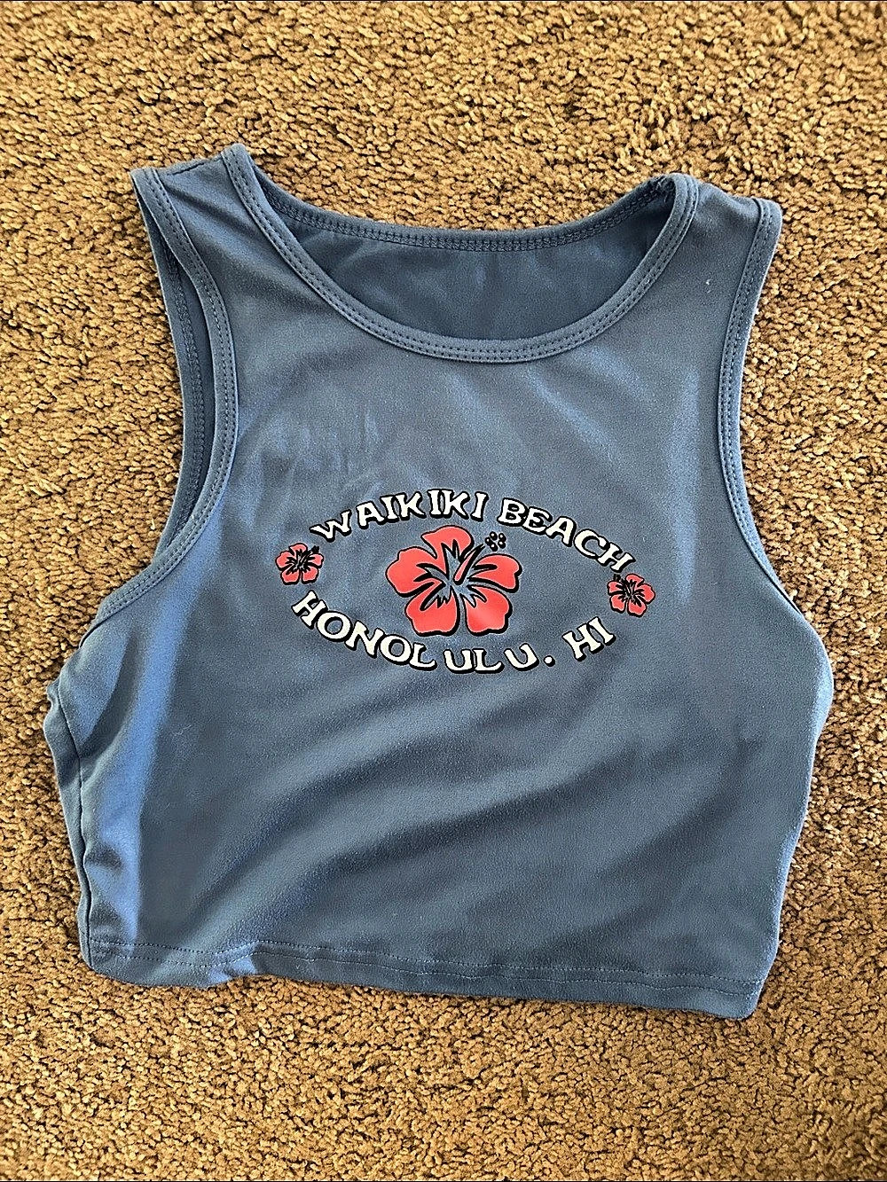 SHEIN Waikiki Beach Honolulu HI Hibiscus Graphic Crop Top Blue Small